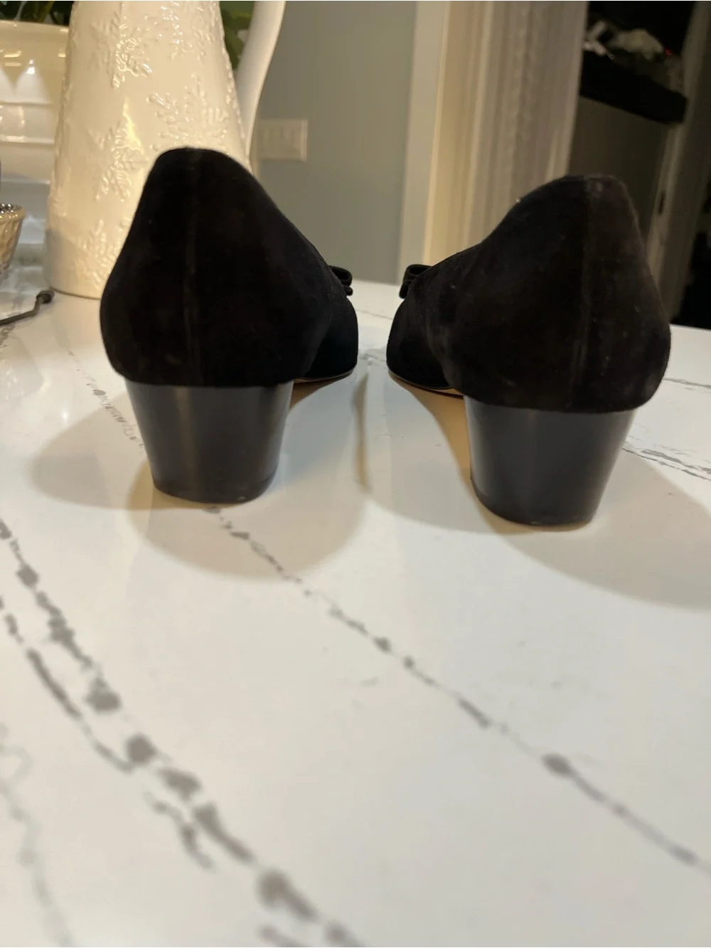Salvatore Ferragamo Black Suede Vara Bow Pumps with Gold Hardware size W 11.5